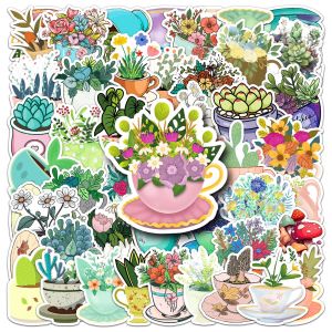 50-100 PCS Teacup Plant Graffiti Stickers Fresh Flower Waterproof Decals for Water Bottle Phone Case Luggage Journal Desk Decor