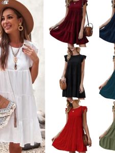 ใหม่ แขนสั้นคอกลมสีพื้น เดรส ลำลอง กระโปรงชั้น ผู้หญิง แขนสั้น เดรส รุ่นคลีนฟิต เอชวัสดุ ผ้าลินิน