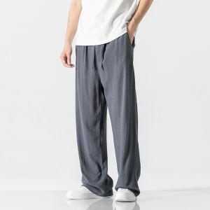 Loose Cotton Linen Mens Summer Casual Pants Straight Leg Youthful Style No Ironing Required mid Waist Nine Point Length