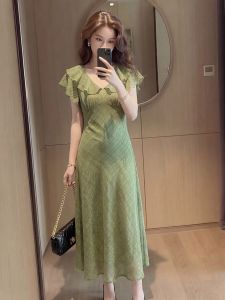 YIKEMAI | Summer New French Green Flounced High Waist Slim Maxi Dress