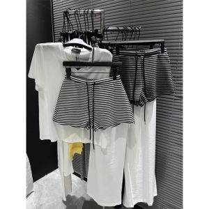 กางเกงขาสั้นทรงหลวมเอวสูงลายทางสไตล์เกาหลีสำหรับผู้หญิง กางเกงขาสั้นทรงหลวมสบาย ๆ สำหรับฤดูร้อน 2025 กางเกงขายาวทรงตรง