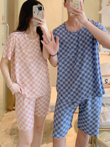ชุดนอนผ้าป๊อปปลิ้นสำหรับคู่รักใส่ในฤดูร้อนเซตกางเกงยาวปานกลางแขนสั้นสำหรับผู้หญิงชุดใส่ในบ้านแบบบางเย็นสบายใส่ออกไปข้างนอกได้สำหรับนักเรียนชาย