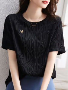Summer New Knitted Texture T-Shirt Womens round Neck Short Sleeve Embellished Diamond Butterfly Knot Design Princess Style Top