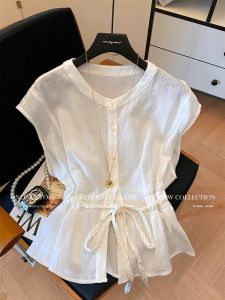 French Elegant Flax Sleeveless round Neck Shirt Womens Summer New Waist-cinching Slimming Trendy Top Coolleya Commute Style