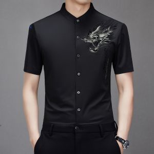 ROMON | Lormen Mens Ice Silk Short Sleeve Shirt Summer Thin Casual Stand Collar Business Casual Chinese Style Trendy Shirt Slim Fit