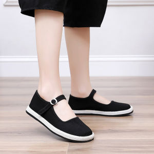 สุภาพสตรีแฮนด์เมด สีดำ รองเท้าผ้า ระบายอากาศได้ดี ป้องกันกลิ่นพันชั้นด้านล่างส้นแบนปากสี่เหลี่ยมรองเท้าสไตล์จีนแบบดั้งเดิม