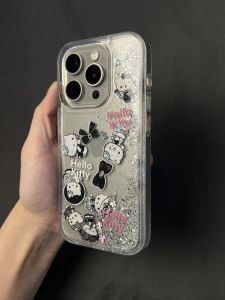 Silicone Sandfall Butterfly Knot KT Cat Flash Powder Protective Phone Case for  16ProMax 15pro Transparent Girl Style