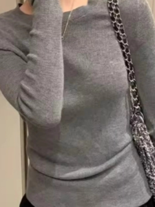 chaqi | Gray Round Neck Knitted Base Shirt Womens Slim Fit Inner Wear Sweater Unique Shoulder Top Commute Style Soft Casual Basic