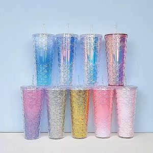IQONICA Glossy Fish Scale Pattern Tumbler Mermaid 710ml Gradient Fish Scale SB tumbler With straw