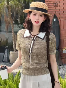 BINKAFENNY | เสื้อสเวตเตอร์ถักแขนสั้นคอปกปิดกระดุมสไตล์วันหยุดสำหรับผู้หญิงในช่วงฤดูร้อน เสื้อตัวบนที่หรูหราและสวยงาม