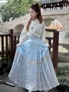 Blue Embroidered Silk Fairy Tail Skirt High Waist Hanfu Element New Chinese Style Horse Tailed Skirt Vintage Court Style