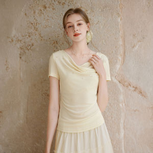 XIANGYING | Yellow Scoop Neck Short Sleeve Lightweight Wool Blend Knitwear