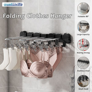 JustLiving 1PC Stainless Steel Bathroom Hanging Rack Multifunctional Drying Hanger Multi-clip Punch-free Wall Hanging Artifact Folding Hanging for Balcony Special Wall-mounted Folding 24 Sock Clips