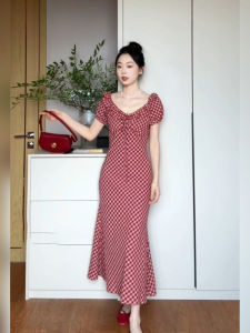 Xzy Plus Size Ladies Retro French Red Pattern Square Collar Dress Female Summer Slimming Waist-Slimming Long Dress