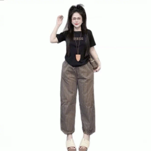 New embroidered letter short-sleeved loose lace wide-leg pants set of two pieces