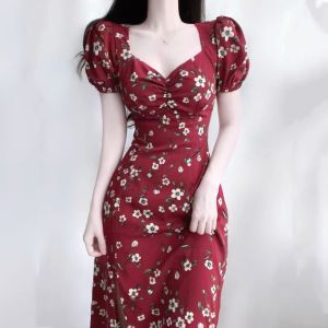 plus Size Floral Print Red Dress French Vintage High Waist A-Line Skirt Polyester Fiber Full Sleeve Womens Summer Gown
