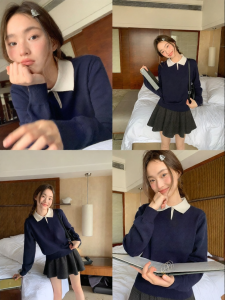 NIHAOKANONG | Áo Sweater Knit Mỏng Cổ Polo Phối Màu