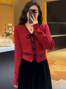 Áo Len Cardigan Cổ Chữ V Màu Xám Có Nơ Bướm Ngắn Cho Nữ Áo Len Dệt Kim Thường Ngày Thời Trang Thu Đông 2025 Áo Khoác Ngoài