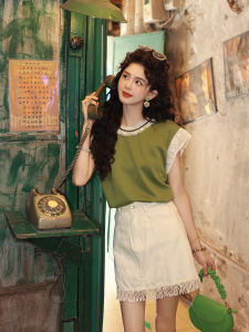 Chen Jiajie Summer T-Shirt Womens Style 2025 New Hot Unique Beautiful Top Glue Splice Retro Loose Fit Short Sleeve round Neck