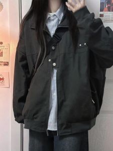 ชุดทํางานญี่ปุ่นย้อนยุค เสื้อแจ็คเก็ต ผู้หญิง ฤดูใบไม้ผลิ ฤดูใบไม้ร่วง หลวม ลำลอง Couple Open คาร์ดิเกน เสื้อโค้ท ด้านบน ซิป ความยาวแขนปกติ