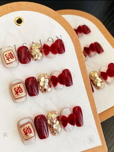 Handmade Red Nail Tips with Bow Design Wearing False Nails White Enhancing New Year Fortune Telling Premium Feeling