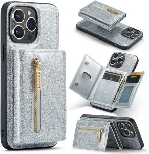 Magnetic Detachable Wallet Leather Stand Shiny Phone Case for iPhone 15 14 13 12 Series Pro Max Plus Back Cover Card Holder Shockproof Bracket Fashion Bumper for Women