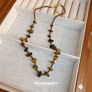 Srrmhyn Vintage Irregular Tiger Eye Stone Necklace Womens Fashionable Handmade Sweater Chain Unique Accessory Alloy Material