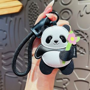 Leather Panda Keychain Cute Cartoon Floral Design Luxury Couple Bag Accessories Light Weight Gift