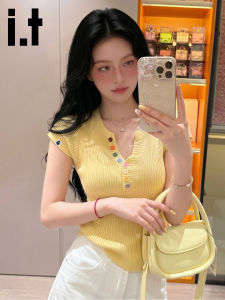 FINGERCROXX | Yellow V-Neck Regular Shoulder Slim Summer Ice Silk Short Sleeve Tee