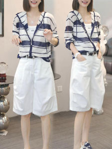 Shalldoer | Summer 2025 Womens Stripe Sun Protection Hooded Cardigan Top Wide Leg Five-Quarter Pants Two-Piece Set Casual High-End Feel