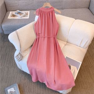 Summer Dress Lazy Summer French Style 2025 Slimming Sleeveless Neck Hanging Belted Vacation Long Dress Commute Style High Waist Soft Polyester Fibre