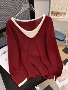 Ankela Red Knitted Long Sleeve V-neck Womens Slim Fit Base Layer Top Autumn Winter New Style Fake Two-Piece T-shirt
