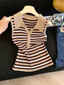 Polo Collared Stripe Knitted Sleeveless Tank Top Womens Summer Slim Fit