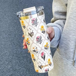 VRIUKNT | 1pc Lightweight Luxury Floral Stainless Steel Thermos Flask 900ML Large Capacity Outdoor Water Bottle with Straw and Handle
