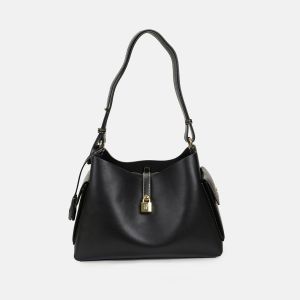 CH | CH Premium Leather Hobo Shoulder Bag With Lock Accent Adjustable Strap And Side Pockets For Daily Commute And Travel