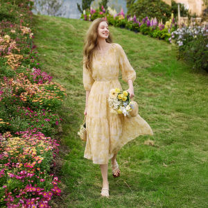 XIANGYING | Slimming Floral Print Mid-length Dress Yellow