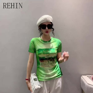 REHIN Womens top Summer fashion mesh printed short-sleeved T-shirt round-neck slimming and stylish with floral S-3XL elegant blouse