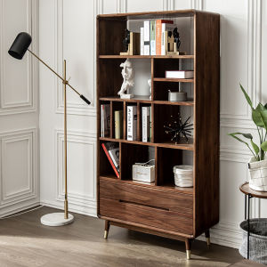 Modern Simple Black Walnut Wood Bookcase Glass Display Cabinet Combination Storage Rack Stand Shelf Home Furniture Cabinetry