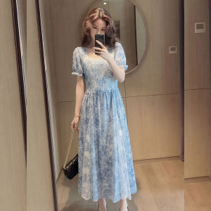 YIKEMAI | Large Size French Puff Sleeve A-Line Blue Dress