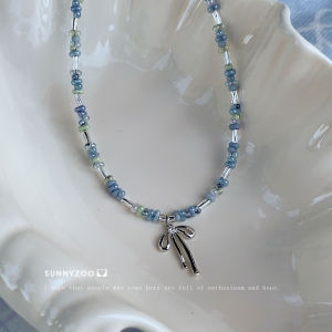 Blueberry Gourmet Blue Bead Butterfly Knot Necklace Elegant Atmosphere Clavicle Chain Fashion Jewelry for Women Korean Style