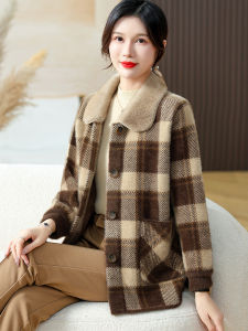 Autumn and Winter Clothing Lapel Gingham Gold Mink Woolen Outwear Mothers Clothing Mink Sweater Cardigan Middle-Aged and Elderly Womens Clothing Tops