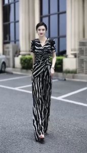 Fashionable Zebra Stripe Pleated Side-Tie Top And Wide-Leg Pants Ensemble Summer 2023 Polyester Set Popular Trending Outfit