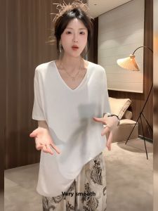 BINKAFENNY | Plus Size Womens V-Neck Short Sleeve T-Shirt Loose Fit Summer Top Korean Style Commute Fashion Pear Shape Body Type