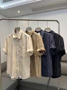 Japanese Style Adjustable Dyed Stripe Short Sleeve Cotton Linen Men Shirt