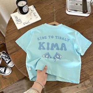 Korean Style Pure Cotton Short Sleeve T-Shirt for Kids Baby Boys Girls Letter Print Loose Fit Summer Top Trendy Brand
