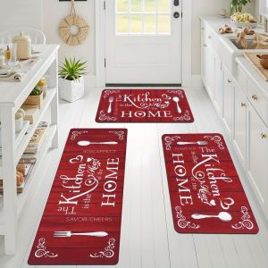 VIKAMA Redwood-Patterned Kitchen Mat “The Heart of the Home” Slogan Tableware Decorative Non-Slip Rug Home Decor