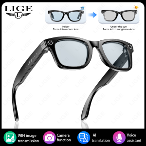 LIGE | Kính Thông Minh LIGE Với Tròng Kính Đổi Màu Camera 800W Quay Video HD 1080P Gọi Bluetooth Dịch Thuật AI Kính Râm