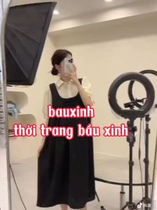 VÁY BẦU CỒNG SỞ MÙA HÈ  XINH-ĐẦM BẦU L ĐEN PHA CỔ SƠ MI TRẮNG