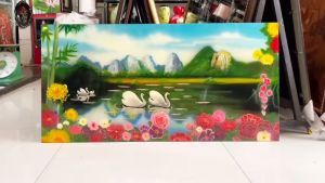 Tranh sơn mài phong cảnh  đôi thiên nga size 60x120 cm