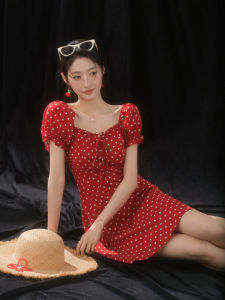 Retro Red Polka Dot Square Neck Puff Short Sleeve Slimming Dress